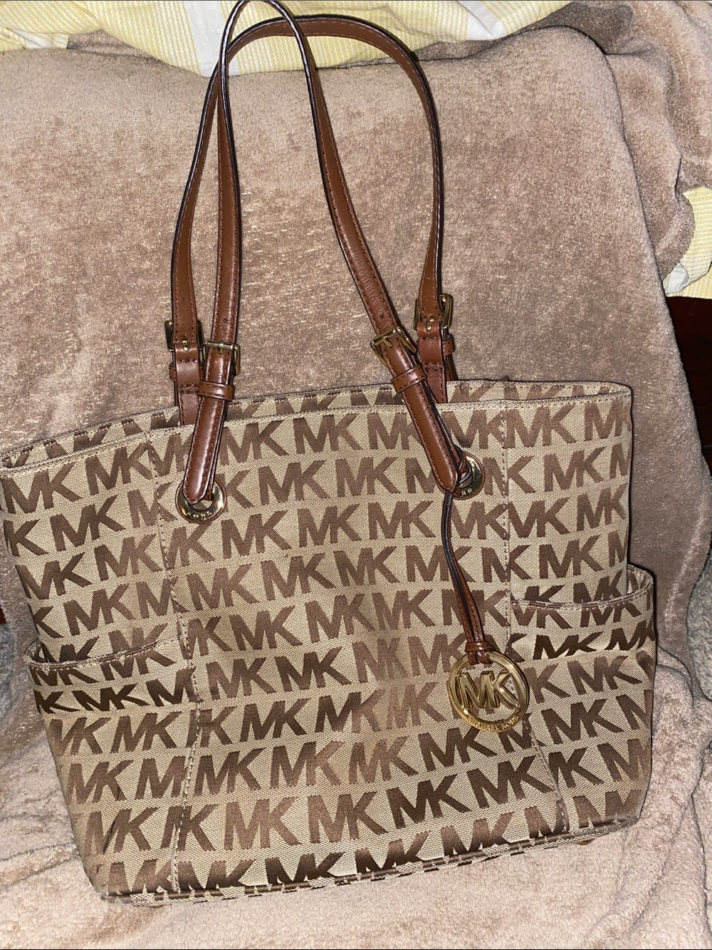 Michael Kors Tan and Brown MK Logo Tote